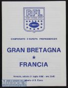 Interesting 1982 Grand Bretagne (GB) v Francia (France) Rugby League International Exhibition