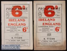 1951/1953 Ireland v England Rugby Programmes (2): Former an Irish title winning season, latter an