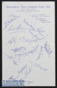 1960/61 Signed Shrewsbury Town Team Page on headed notepaper includes Rowley, Baker, Dolby,