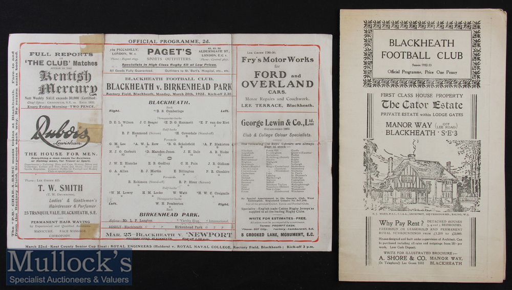 The following nine lots, Nos. 94-102, comprise a splendid collection of Blackheath programmes from