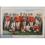 1881 English Rugby and Soccer Players Print: The well-known attractive coloured 17” x 12”