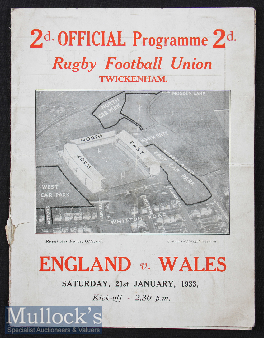 1933 England v Wales Rugby Programme: Famous first Welsh win at Twickenham, 7-3. Somewhat worn,