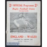 1933 England v Wales Rugby Programme: Famous first Welsh win at Twickenham, 7-3. Somewhat worn,