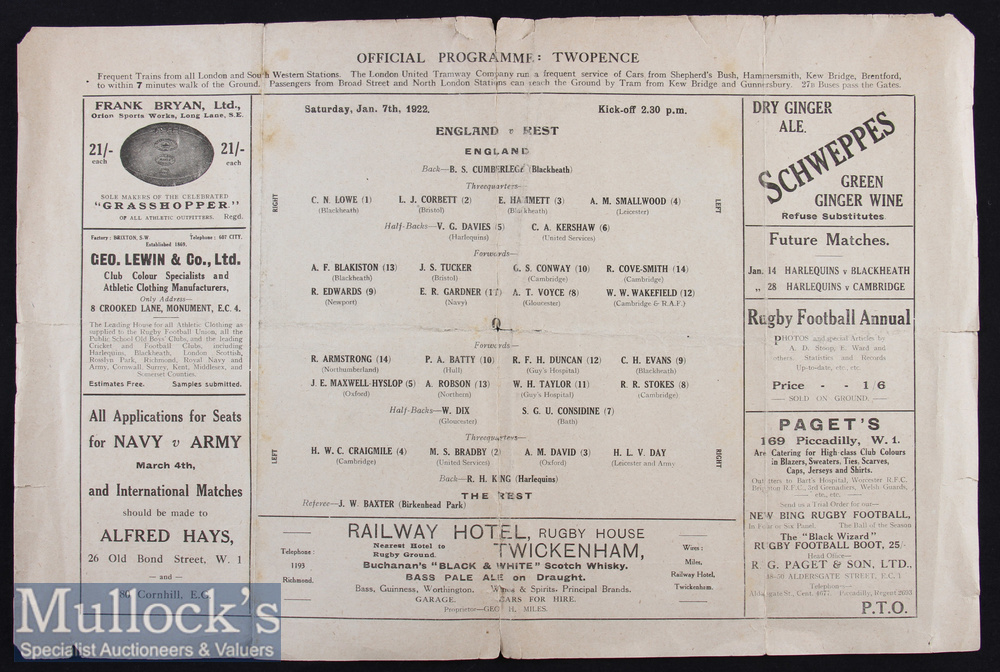 Rare 1922 England v The Rest Trial Rugby Programme: Newspaper-style double sided folded sheet, a tad