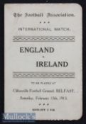 1913 Ireland v England Home International match football programme date 15.02 4 page programme of