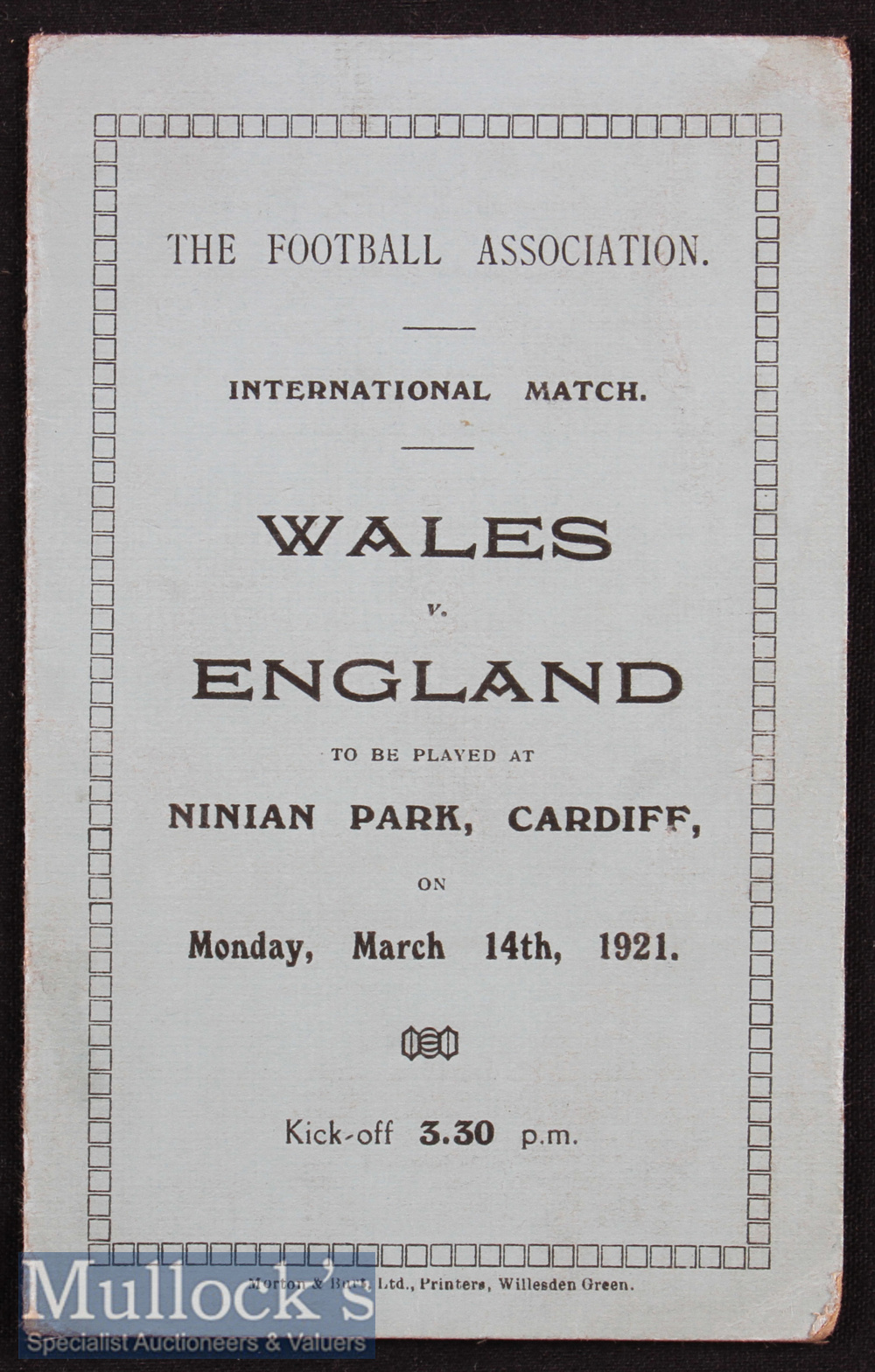 1921 Wales v England Home International match football programme date 14.03 4 page programme of
