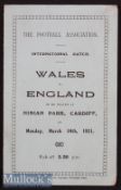 1921 Wales v England Home International match football programme date 14.03 4 page programme of