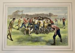 1871 Press Engraving, Rugby ‘The Last Scrimmage’: Large (c.27” x 20” overall) hand coloured and