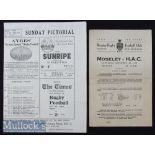 1920s Pair of Club Rugby Programmes (2): Moseley v Honourable Artillery Company, Nov 1924, two sided