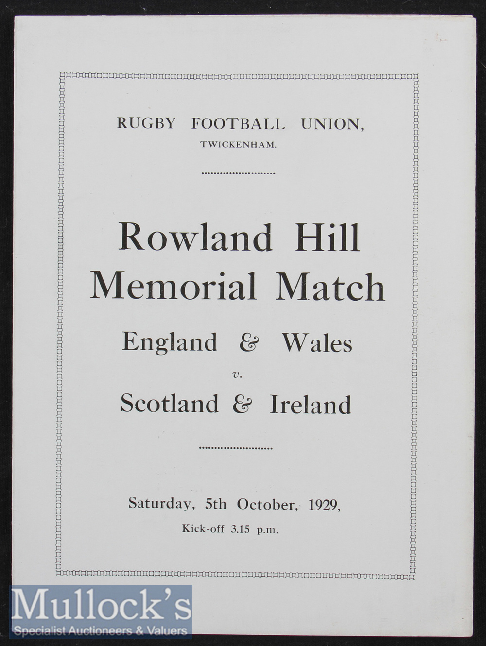 Scarce 1929 England/Wales v Scotland/Ireland Four Nations Rugby Programme: Twickenham’s Rowland Hill