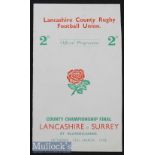 1938 Lancs v Surrey County Final Rugby Programme: 4pp attractive card and two-tone cover printing at