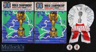 England 1966 World Cup Rosette in red and white together with 2x World Cup Willie tin badges and