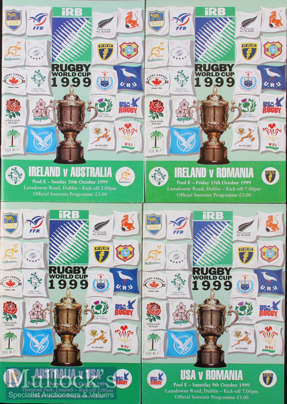 1999 Rugby World Cup Final etc Programmes (4): Pool E games, Ireland v Australia and v Romania;