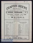 Bert Williams Signed 1938/39 Clapton Orient v Walsall football programme date 15 Jan single sheet,