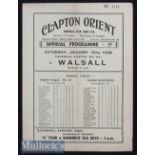 Bert Williams Signed 1938/39 Clapton Orient v Walsall football programme date 15 Jan single sheet,