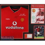 2001 Ryan Giggs Testimonial Signed Manchester United football shirt framed display includes a