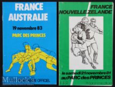 1981/1983 France v NZ/Australia Test Rugby Programmes (2): Pair of Parc des Princes issues for the