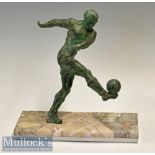 20thc large spelter figure of a football figure volleying the ball mounted on a long rectangular