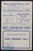 1944/45 Bury v Manchester United football programme date 24 Feb single sheet, team changes, speckled