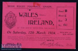 Hugely Rare 1904 Ireland v Wales Rugby Ticket: One of the earliest internationals between these two,