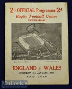 1933 England v Wales Rugby Programme etc: Wales’ long-awaited and famous 7-3 win at HQ, their