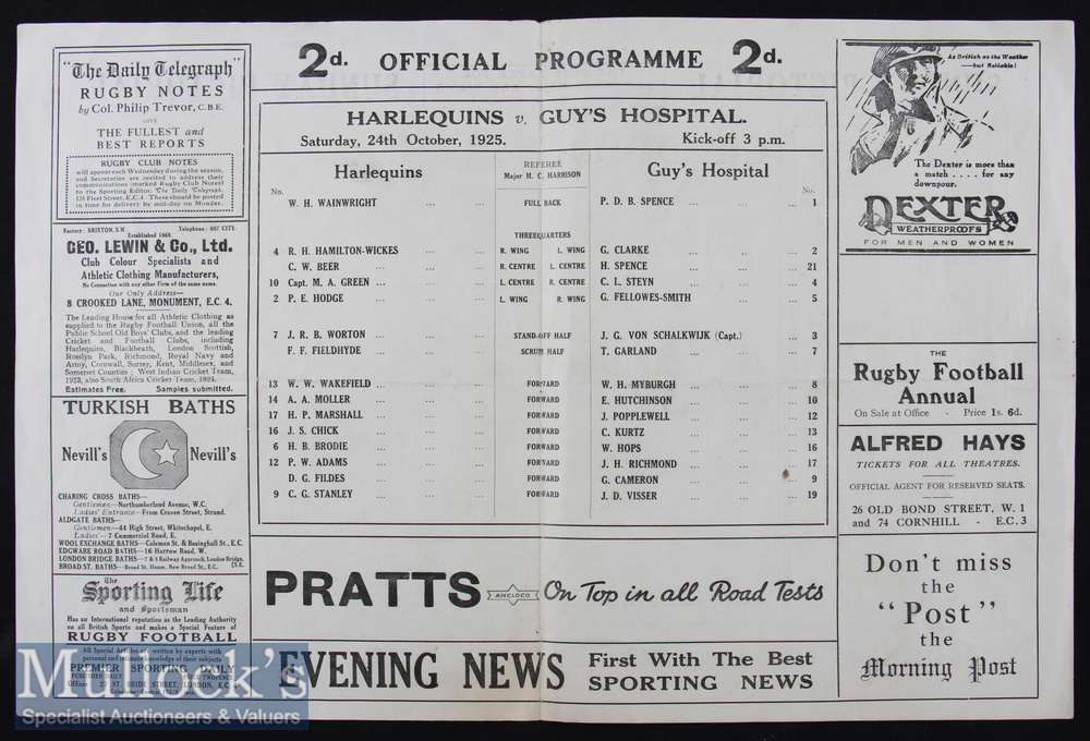 1920s Pair of Club Rugby Programmes (2): Moseley v Honourable Artillery Company, Nov 1924, two sided - Image 2 of 2