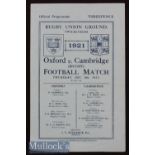 Scarce 1921 Oxford v Cambridge Varsity Match Rugby Programme: The first to be played at