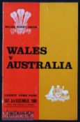 1966 Wales v Australia Signed Rugby Programme: Good condition issue for this surprise Wallaby win,