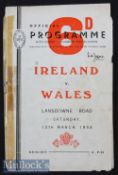 1954 Ireland v Wales Rugby Programme: Showing wear and with taped spine but entire and sound, a