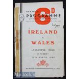 1954 Ireland v Wales Rugby Programme: Showing wear and with taped spine but entire and sound, a