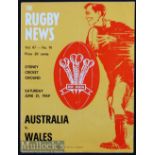 Rare 1969 Australia v Wales Rugby Programme: Lovely bright Rugby News cover for this tour game won