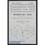 1942/43 Northampton Town v Walsall (English Cup) football programme date Jan 9, single sheet,