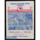 1939 England v Wales Rugby Programme: Somewhat stiff and wrinkled but whole, legible and