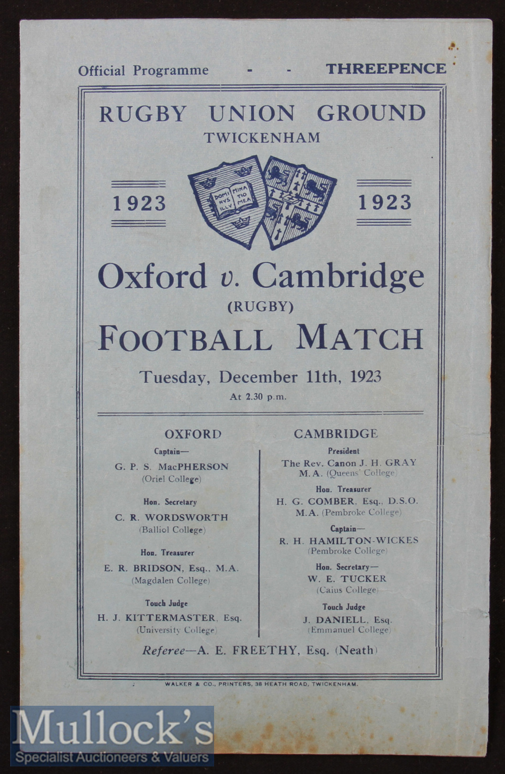 Scarce 1923 Oxford v Cambridge Varsity Match Rugby Programme: Big Oxford win, their ‘Scots’ backs