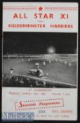 1952/53 Kidderminster Harriers v All Star XI Football programme played March 10th, signed to