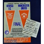 1968 European Cup Final football programme and ticket Benfica FC v Manchester United date 29 May (
