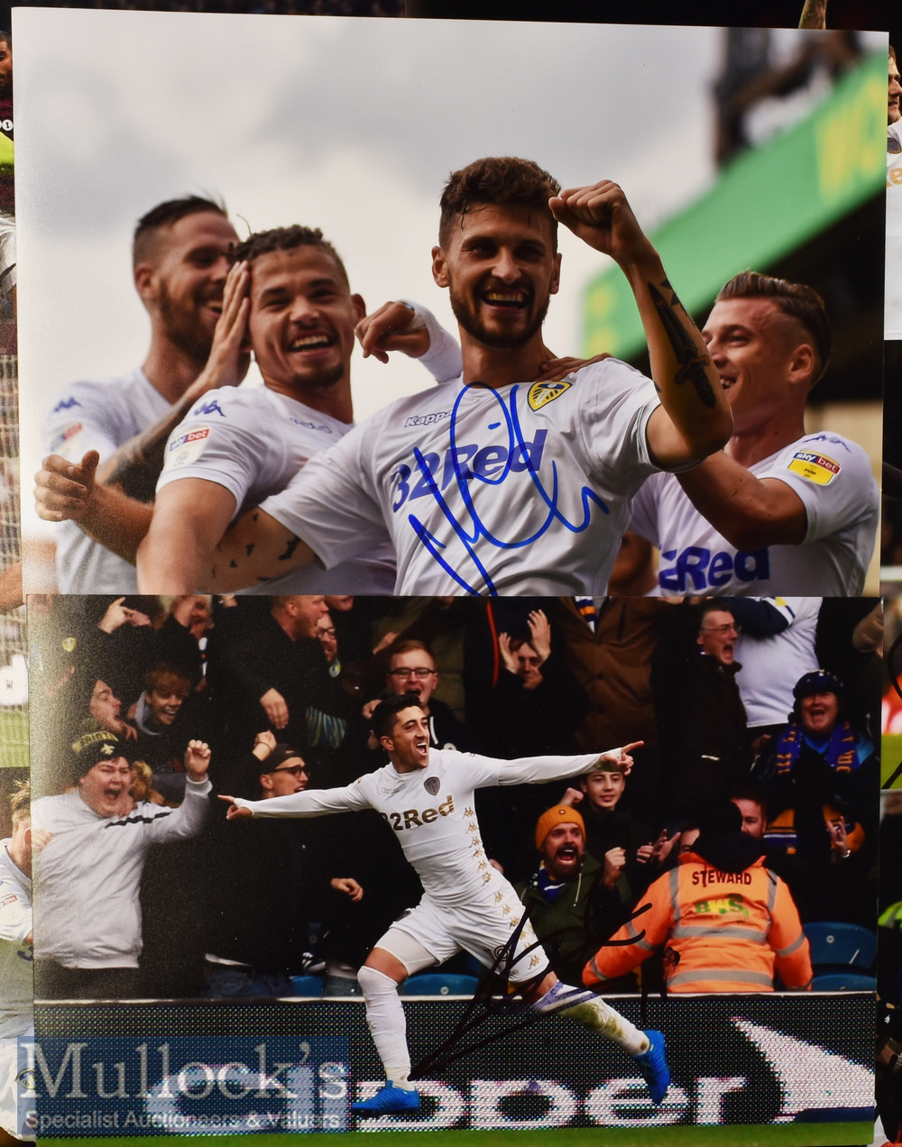 8x Signed Leeds United Colour Photographs Hernandez, Klich, Roofe, etc, measuring 30x21cm approx. - Image 2 of 2