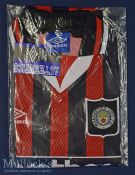 Scarce 1994/95 Manchester City Umbro centenary season away maroon/black striped shirt, collar size Y