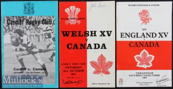 Canada in the UK Rugby Programmes (3): v a Welsh XV 1971, Cardiff 1979 and an England XV 1983. VG