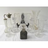 SELECTION OF CRYSTAL AND GLASSWARE including a claret jug with silver plated mounts, a pair of