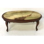 MAHOGANY OVAL OCCASIONAL TABLE with an inset green marble top, standing on cabriole supports,