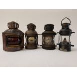 VINTAGE COPPER SHIPS MAST LAMP of shaped outline with a red port lens, with internal oil lamp and