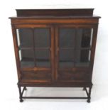 OAK DISPLAY CABINET with a raised back above a moulded top with a pair of panelled glazed doors