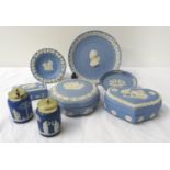 SELECTION OF WEDGWOOD JASPERWARE including a Bicentenary 1795-1975 plate, salt and mustard pot,