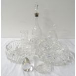 SELECTION OF CUT GLASS including a decanter and stopper with a silver collar, two shaped vases,