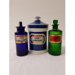 SELECTION OF PHARMACISTS BOTTLES all with lids, including two blue and white jars, 20cm high;