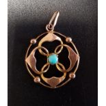 TURQUOISE SET NINE CARAT GOLD PENDANT the central turquoise stone in pierced stylised flower setting