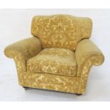 VICTORIAN STYLE ARMCHAIR with scroll arms, loose seat and back cushion, covered in a gold