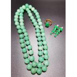 JADE COLOURED HARDSTONE BEAD NECKLACE with individually knotted beads, 88cm long; together with a