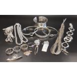 GOOD SELECTION OF SILVER JEWELLERY including a multi strand necklace, four various bangles, three